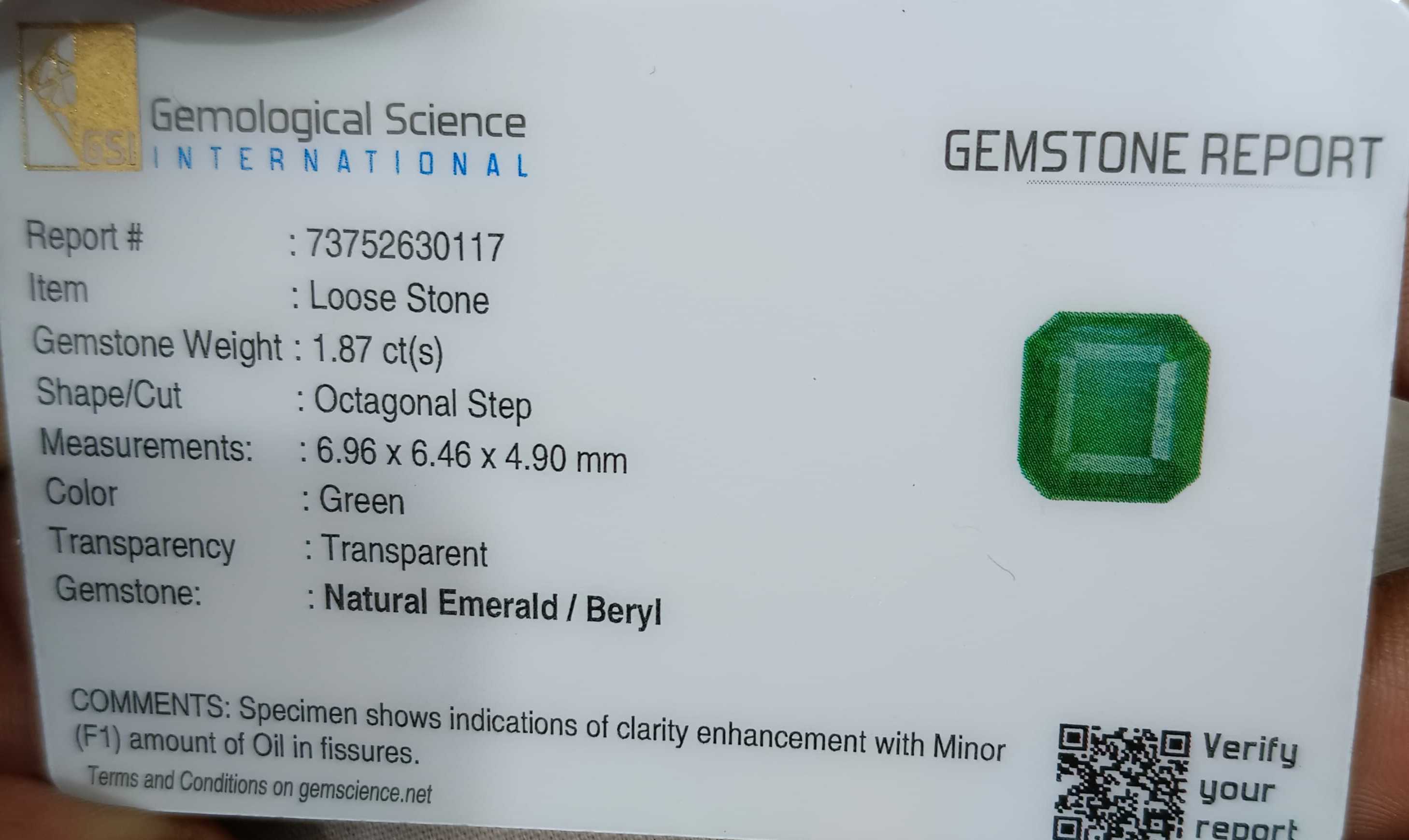 1.87ct GSI certified deep green natural Zambian Emerald stone