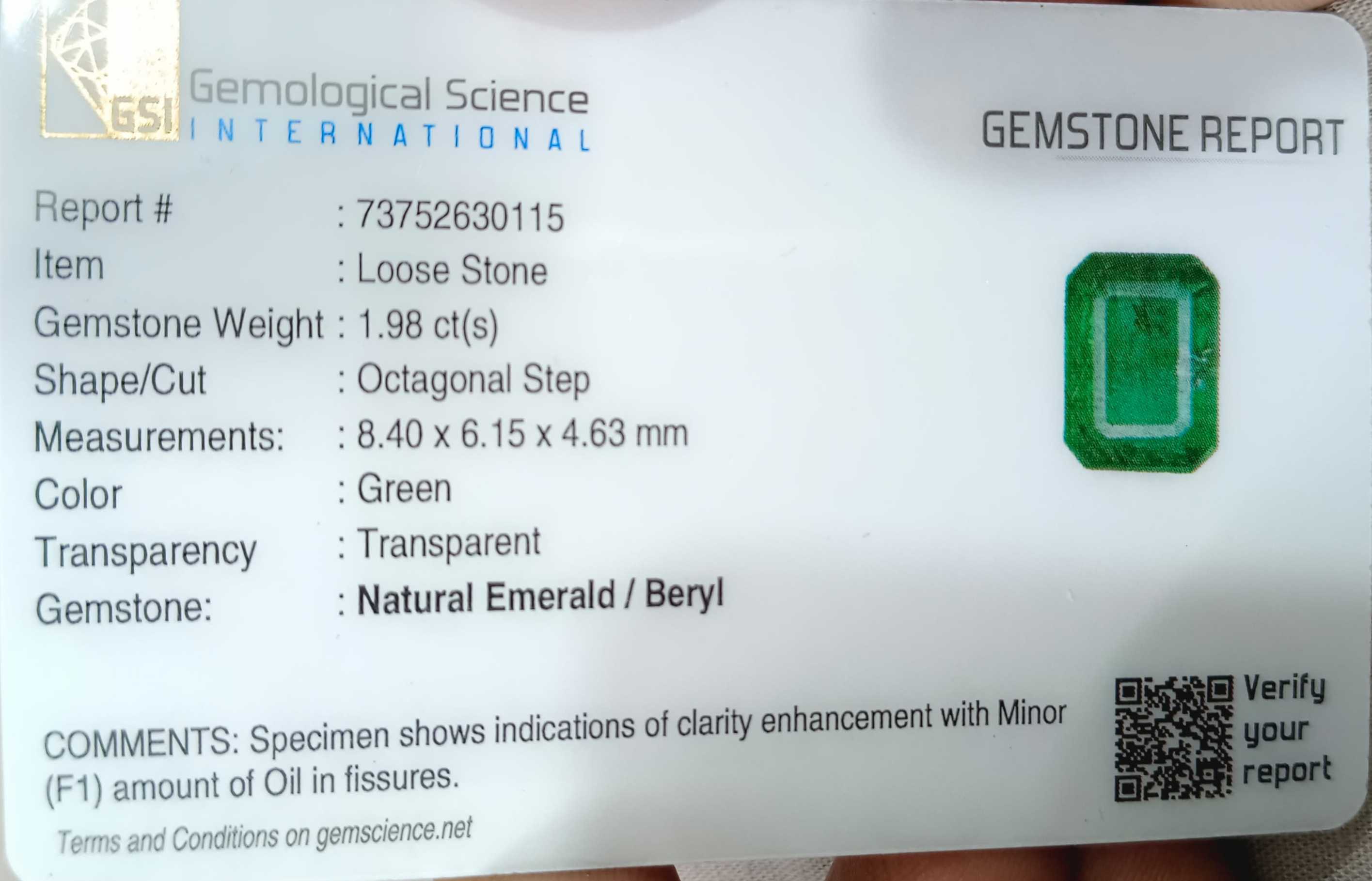 1.98ct Natural certified vivid deep green Zambian emerald octagon cut stone 