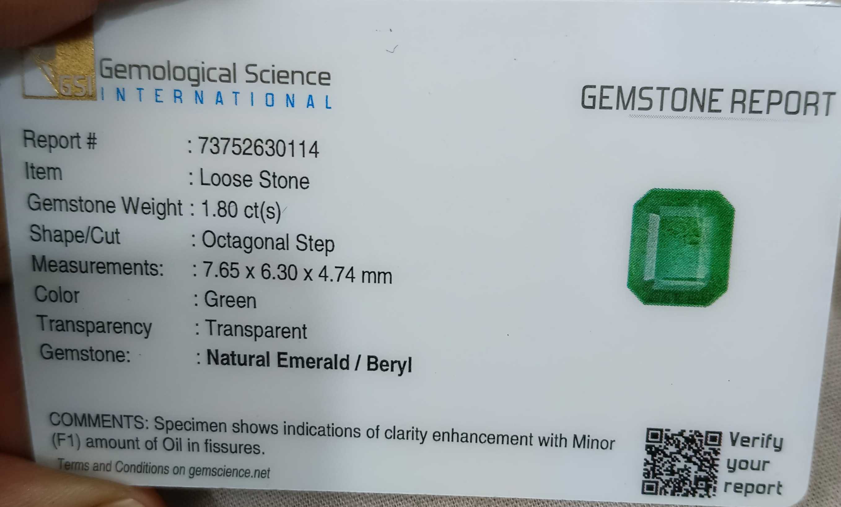 1.80ct Certified natural medium deep green Zambian emerald octagon cut stone 