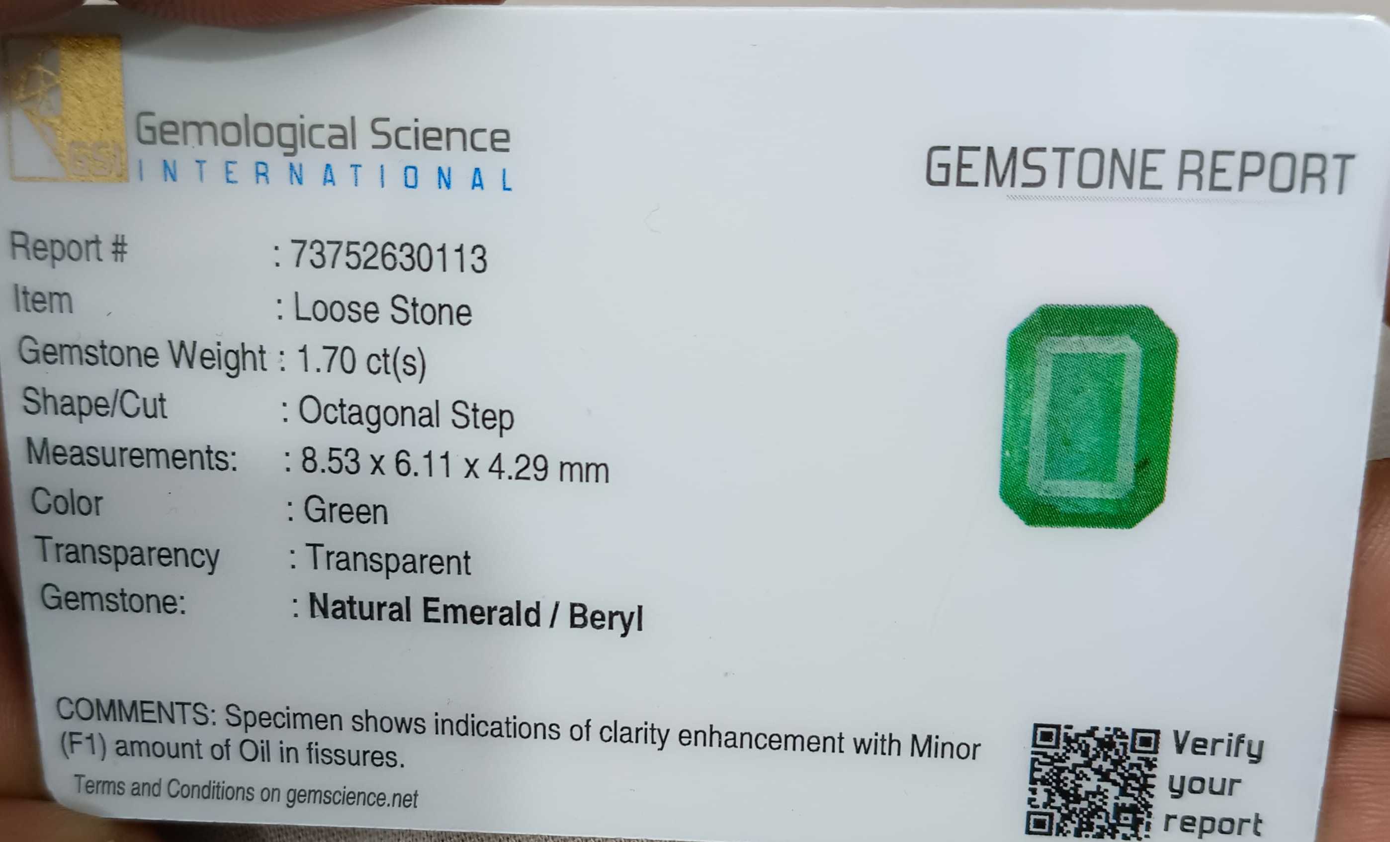 1.70ct Certified natural deep green Zambian emerald octagon cut stone 