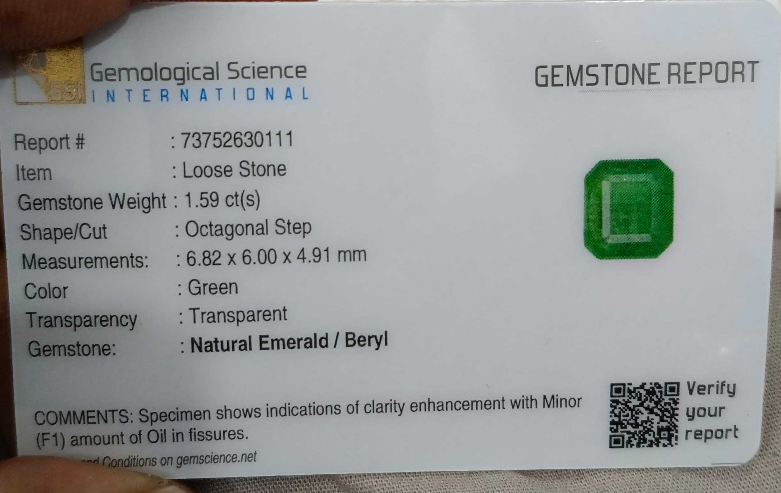 1.59ct GSI certified deep pure green Zambian emerald octagon cut gemstone 