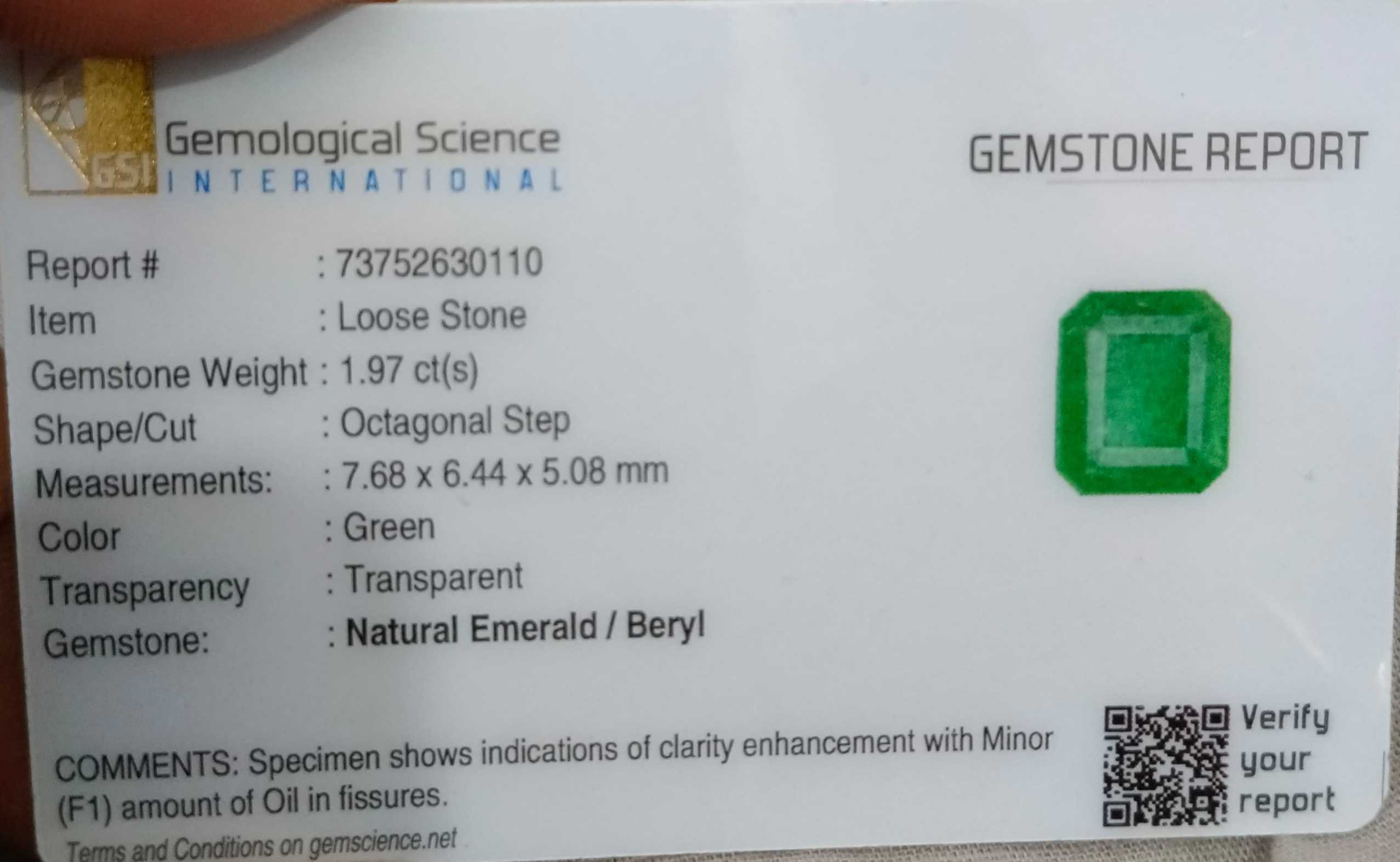 1.97ct GSI USA certified Zambian emerald octagon cut medium deep green stone