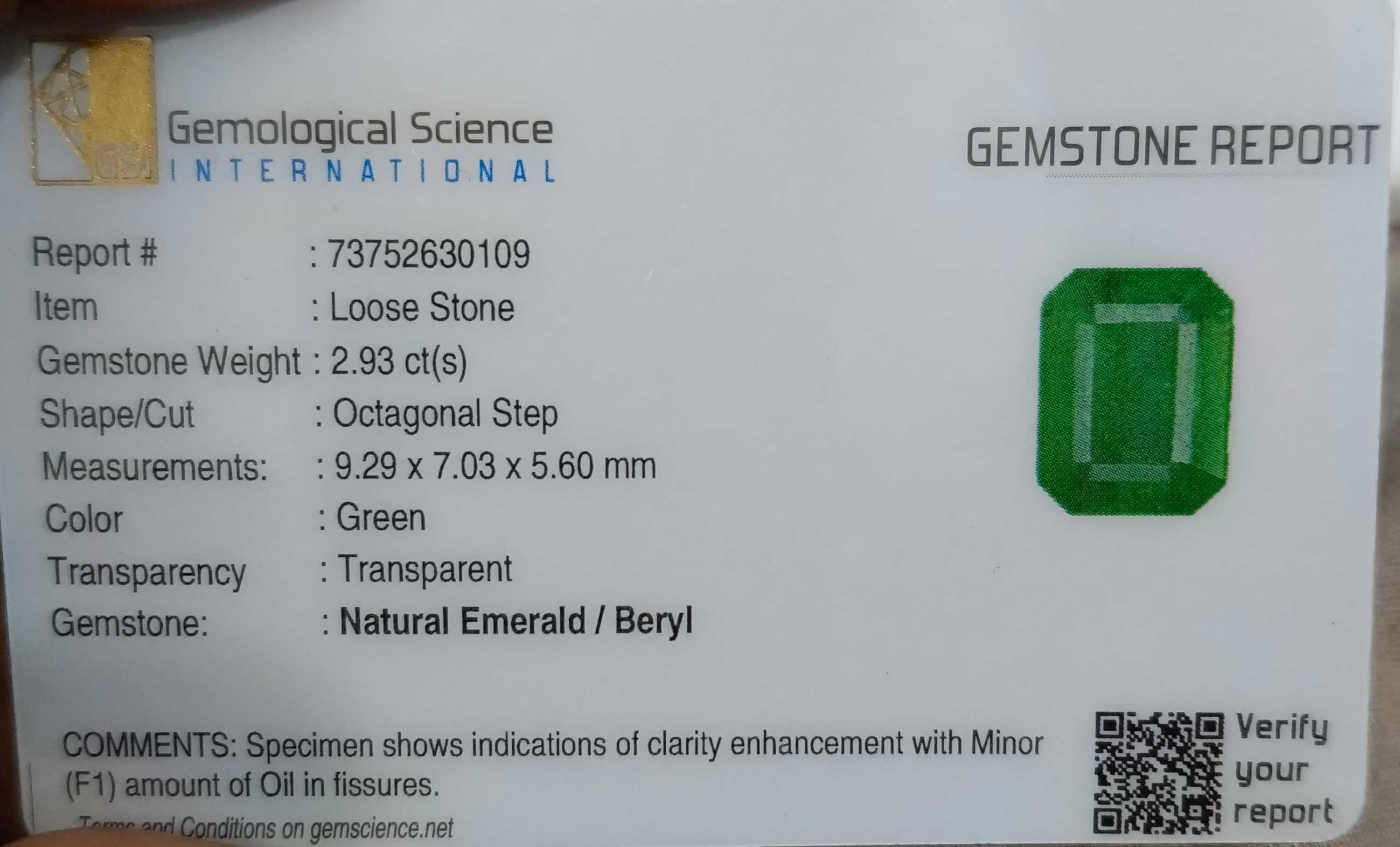 2.93ct Certified natural Zambian Emerald medium deep green octagon cut stone 