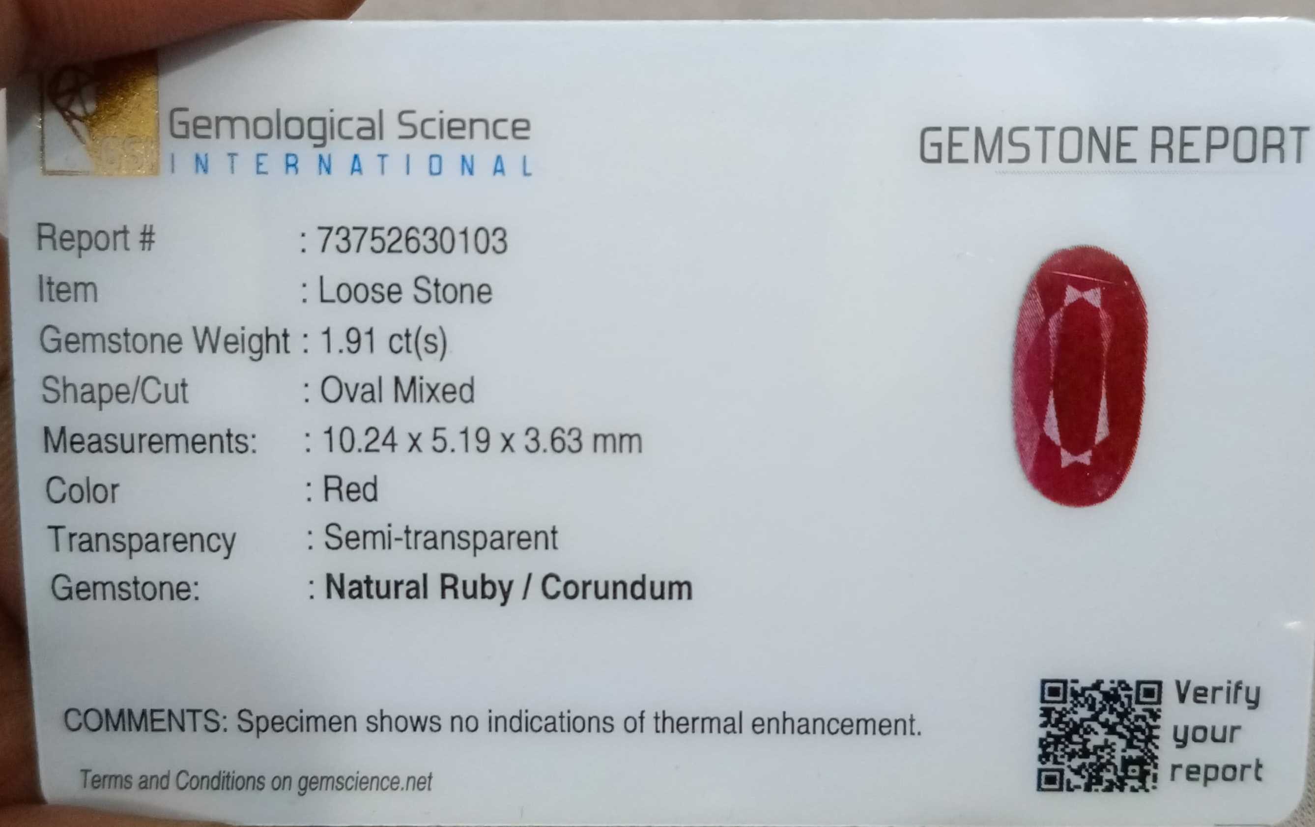 1.91ct Certified Mozambique ruby unheated purplish red oval cut gemstone 