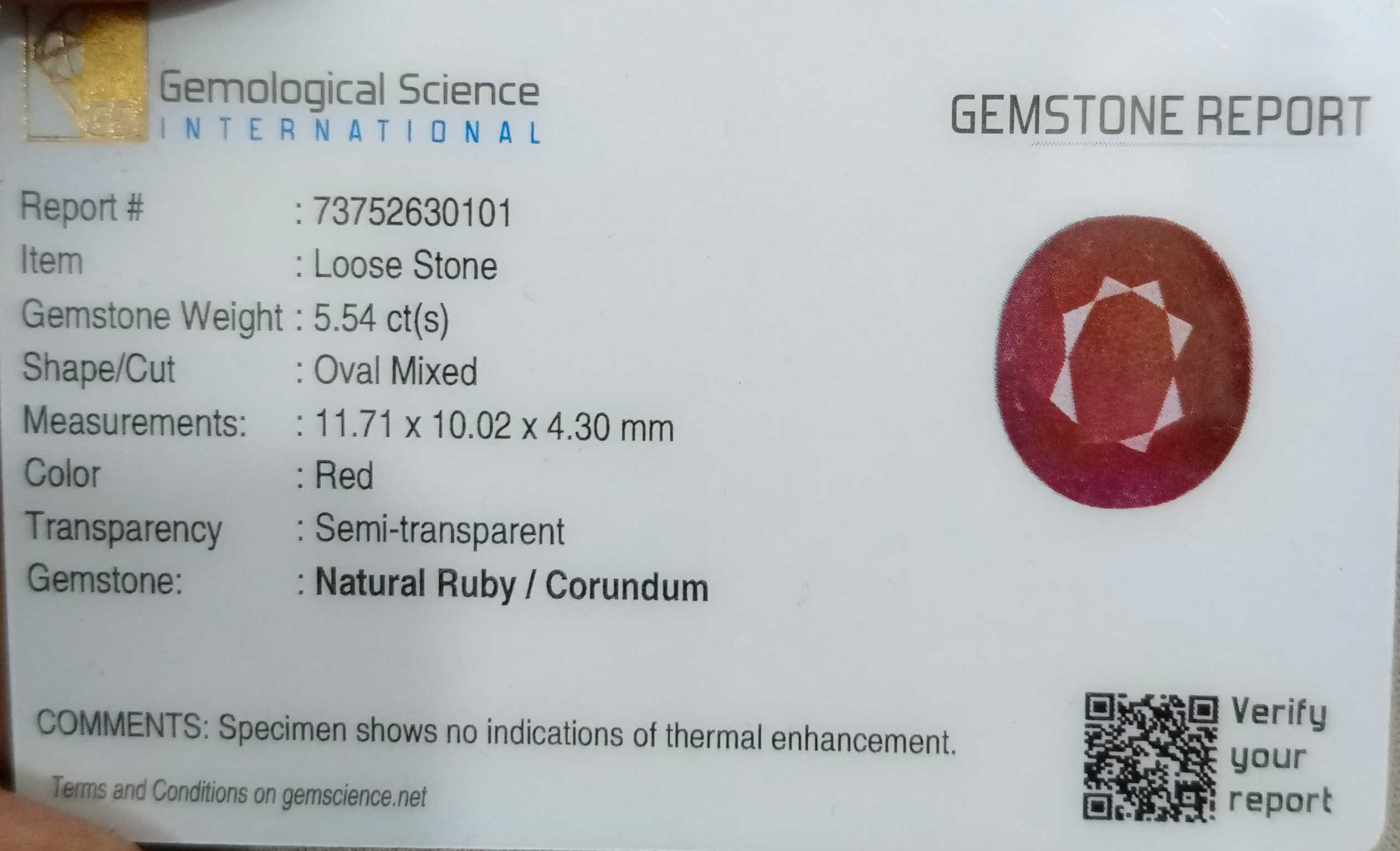 5.54ct GSI certified Mozambique ruby orangy red oval cut stone 