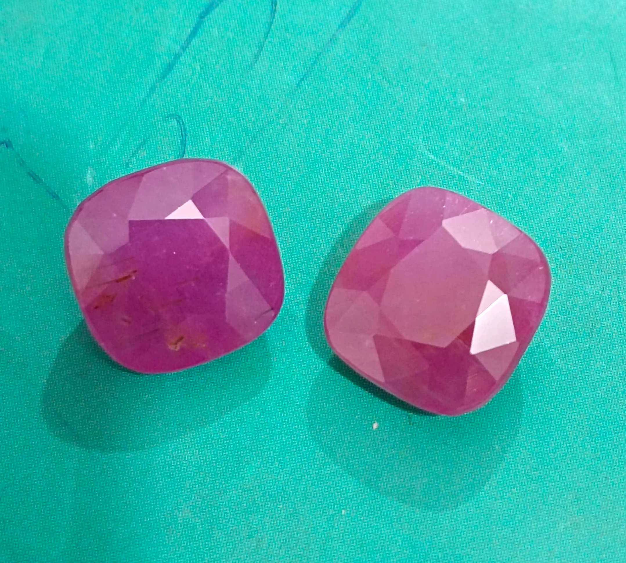 15.02ct Certified matching African ruby pair cushion cut purplish red stones