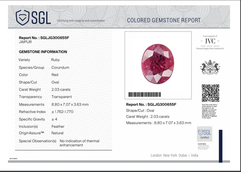 2.03ct Untreated natural ruby deep rasberry red SGL certified oval gemstone