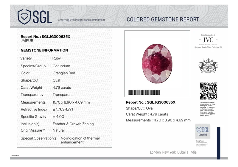 4.79ct Unheated natural ruby wine red SGL certified oval gemstone