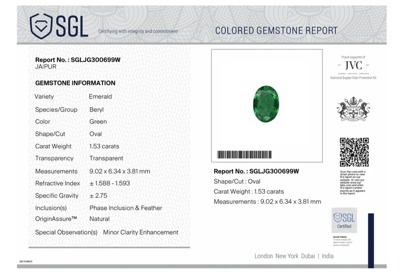 1.53ct Bright medium sea green natural emerald SGL certified