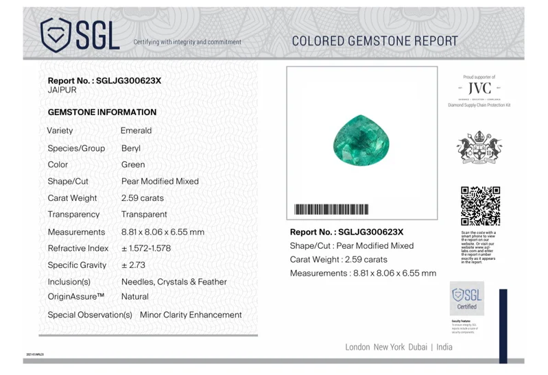 2.59ct Natural Colombian emerald medium green SGL certified pear cut stone