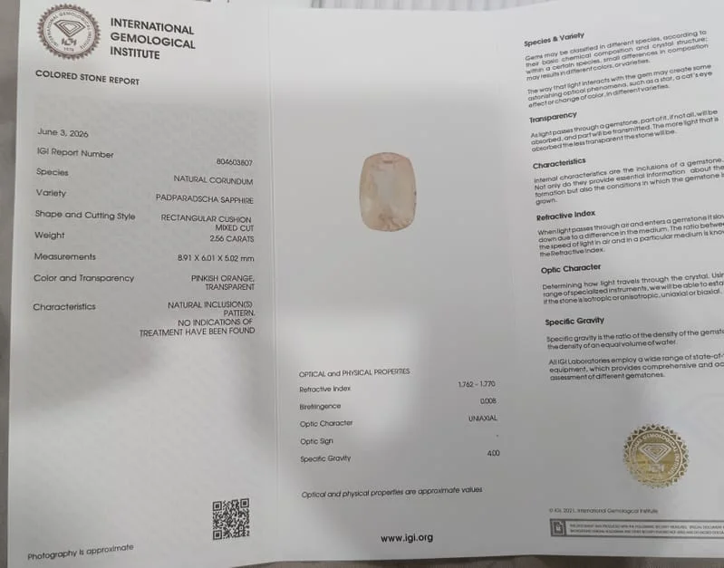 2.56ct IGI certified unheated padparadscha sapphire natural cushion gem