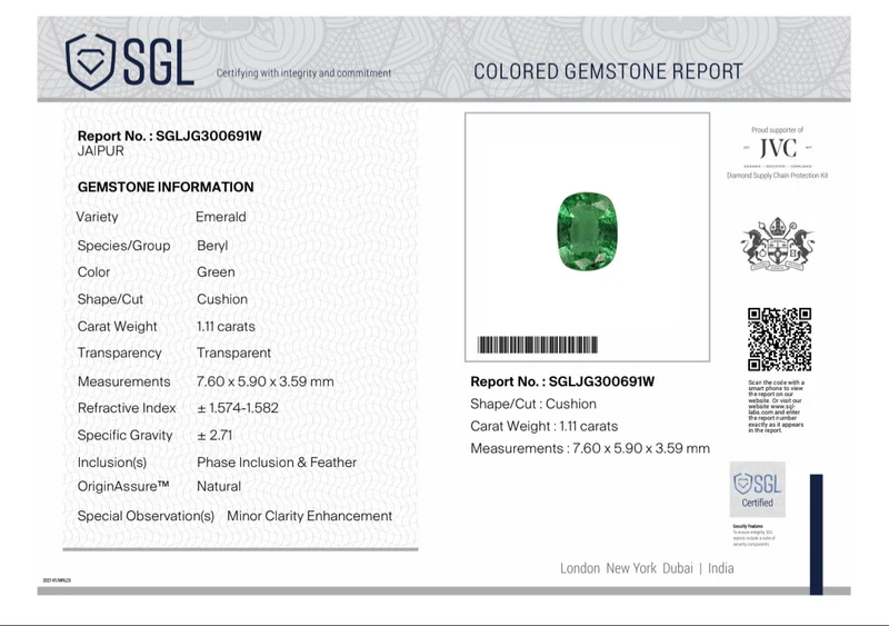 1.11ct Electric green natural emerald SGL certified Cushion gemstone