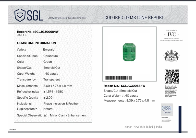 1.40ct Medium bluish green SGL certified natural emerald