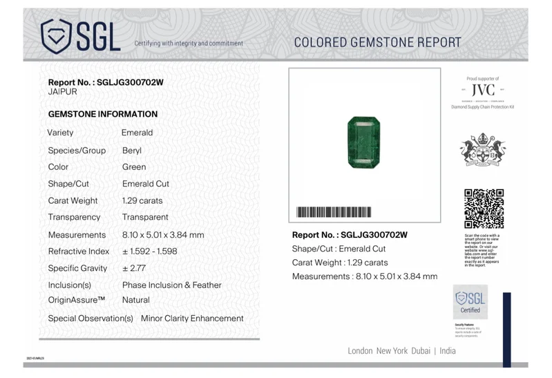 1.32ct Emerald natural medium bluish green SGL certified octagon loose gemstone