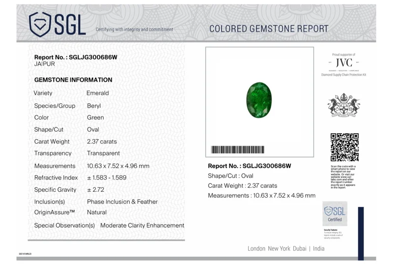 2.37ct Natural emerald deep pure green SGL certified Oval gemstone
