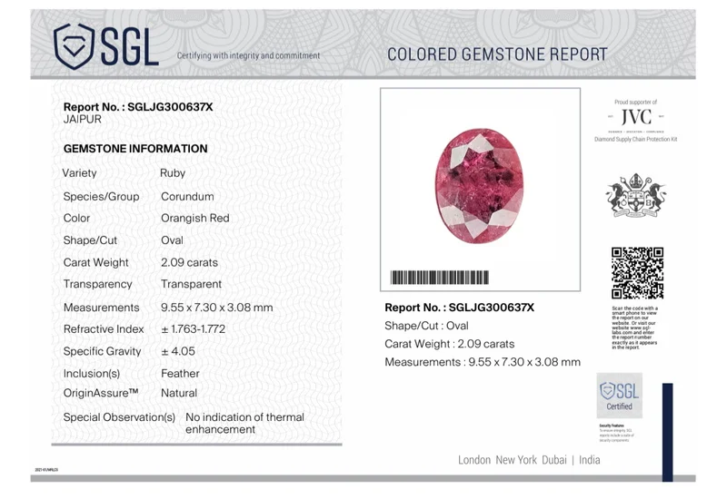 2.09ct Untreated Ruby Deep Red SGL Certified Oval Gemstone