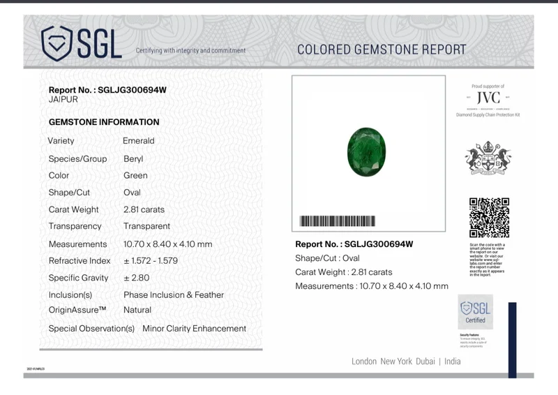 2.81ct Deep pure green natural emerald SGL certified stone