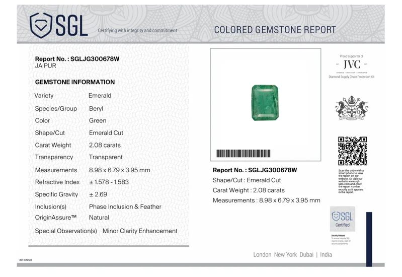 2.08ct Natural emerald SGL certified medium green octagon loose stone