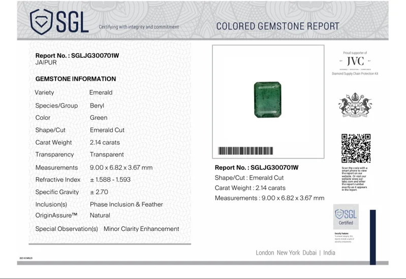 2.14ct Medium green natural emerald SGL certified octagon stone