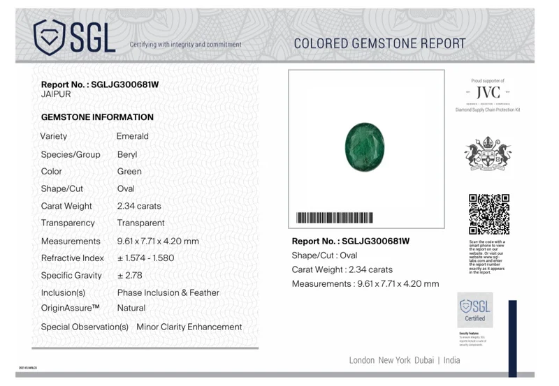 2.34ct Emerald natural medium deep spring green SGL certified oval gemstone