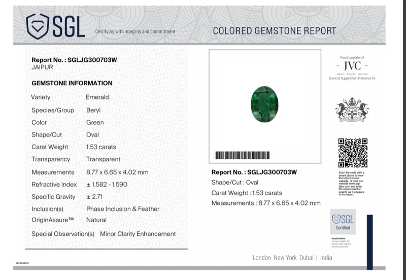 1.53ct SGL certified emerald natural bright medium deep green stone