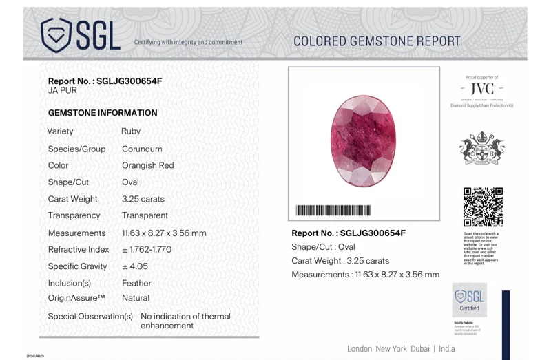 3.25ct Untreated ruby crimson red SGL certified loose gemstone