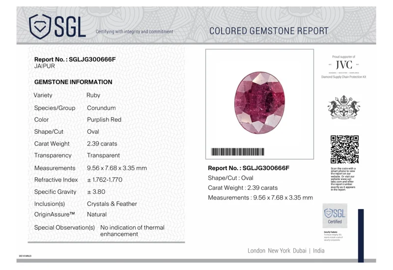 2.39cts Unheated ruby deep cherry red SGL certified gemstone
