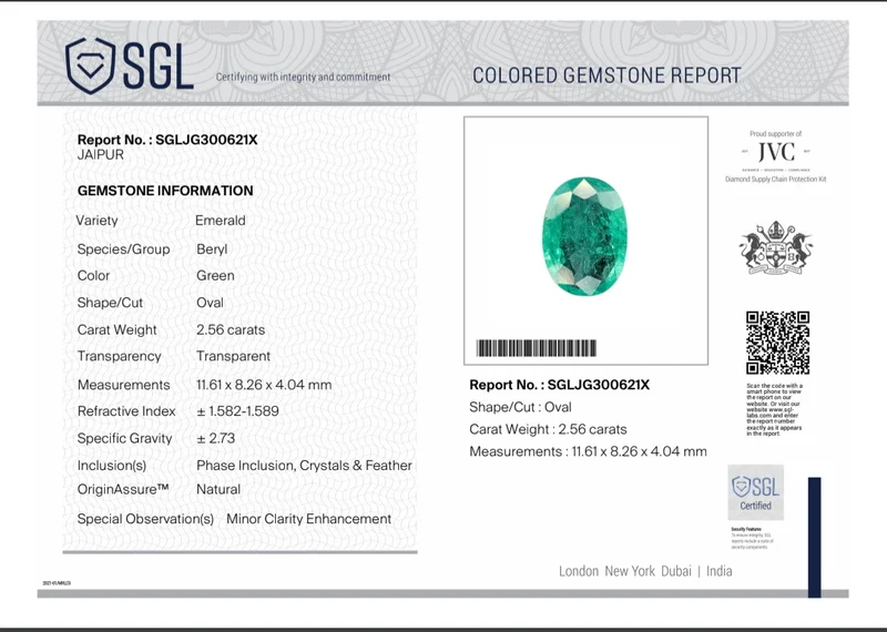 2.56ct Natural emerald SGL certified medium spring green Zambian gemstone