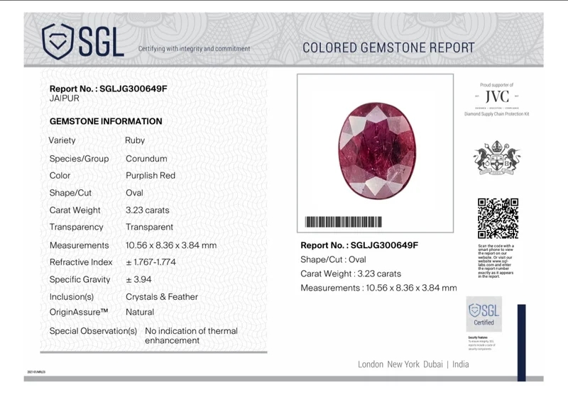 3.23cts Untreated Natural Deep Ruby Red Mozambique SGL certified gemstone