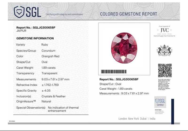 1.89cts Unheated natural ruby crimson red SGL vertified Mozambique gemstone