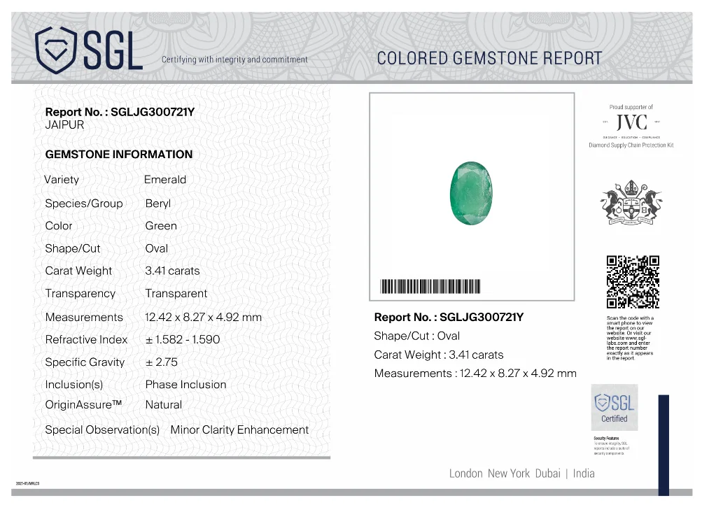 3.41ct Emerald medium spring green SGL certified oval gemstone