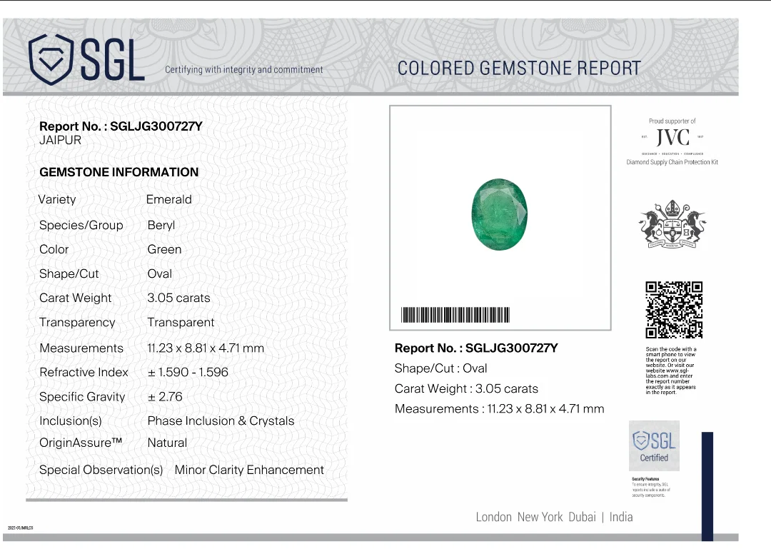 3.05ct Zambian emerald medium deep green SGL certified oval gemstone