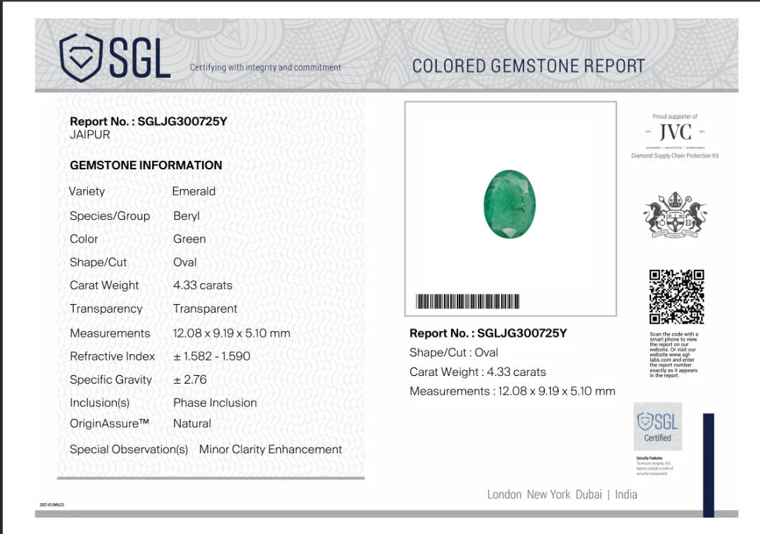 4.33ct Natural emerald medium spring green SGL certified oval gemstone
