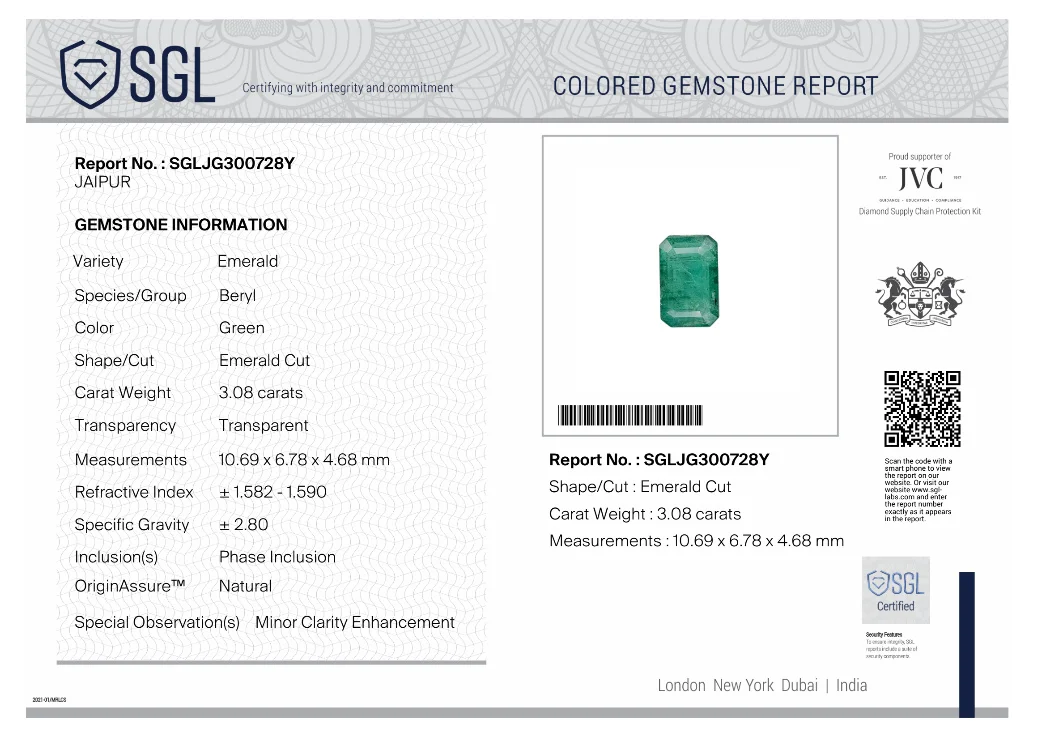 3.08ct Emerald medium deep green SGL certified octagon gemstone