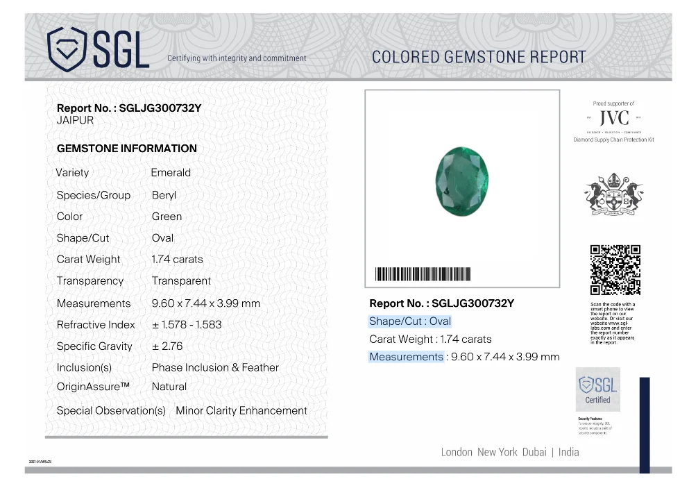 1.74ct Emerald deep green SGL certified oval Zambian gemstone