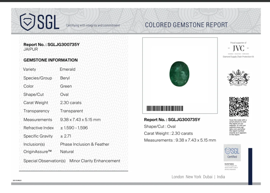 2.30ct Deep velvet green natural emerald Zambia SGL certified