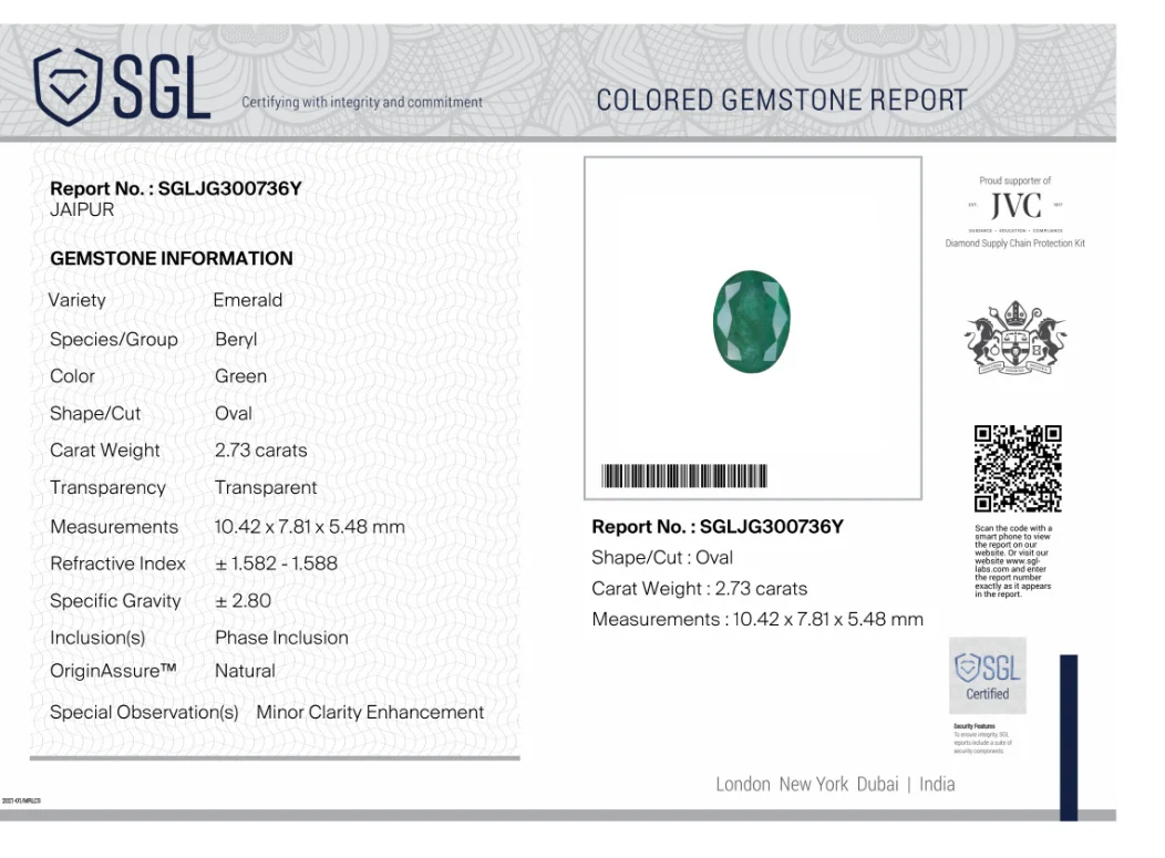 2.73ct Natural emerald deep velvet green oval SGL certified stone
