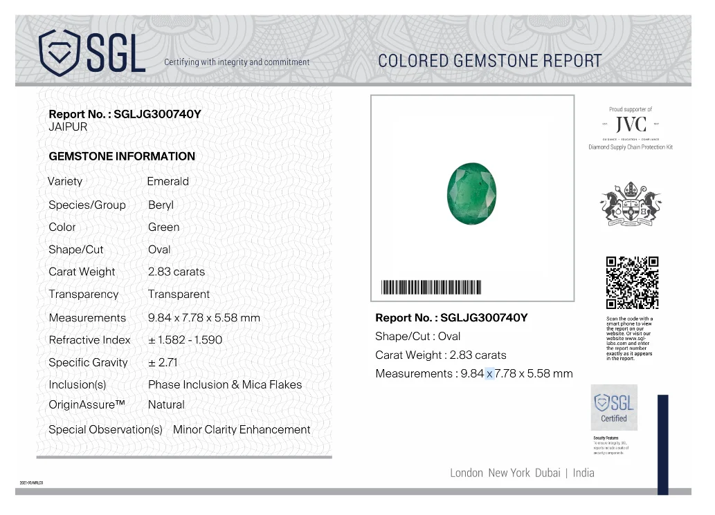 2.83ct Emerald SGL certified medium deep pure green oval cut stone