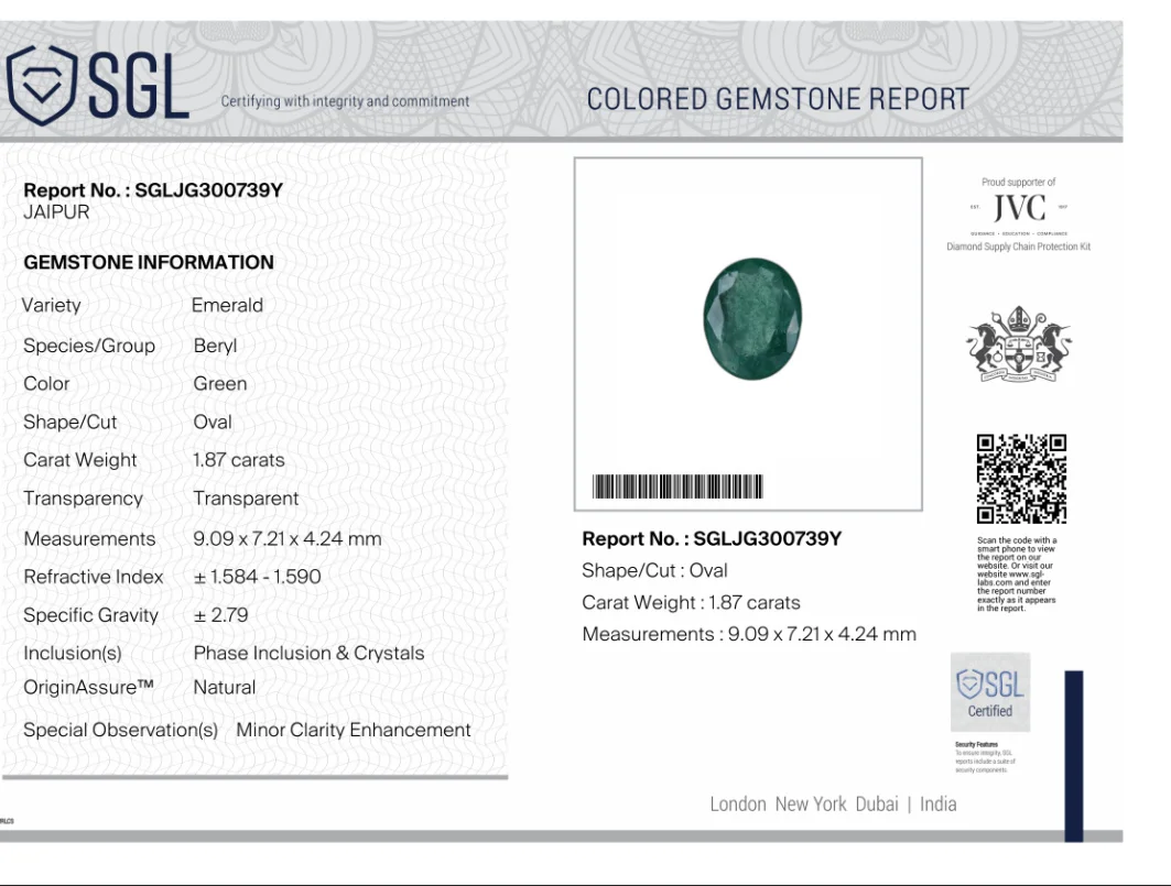 1.87ct Medium green natural Zambian emerald SGL certified