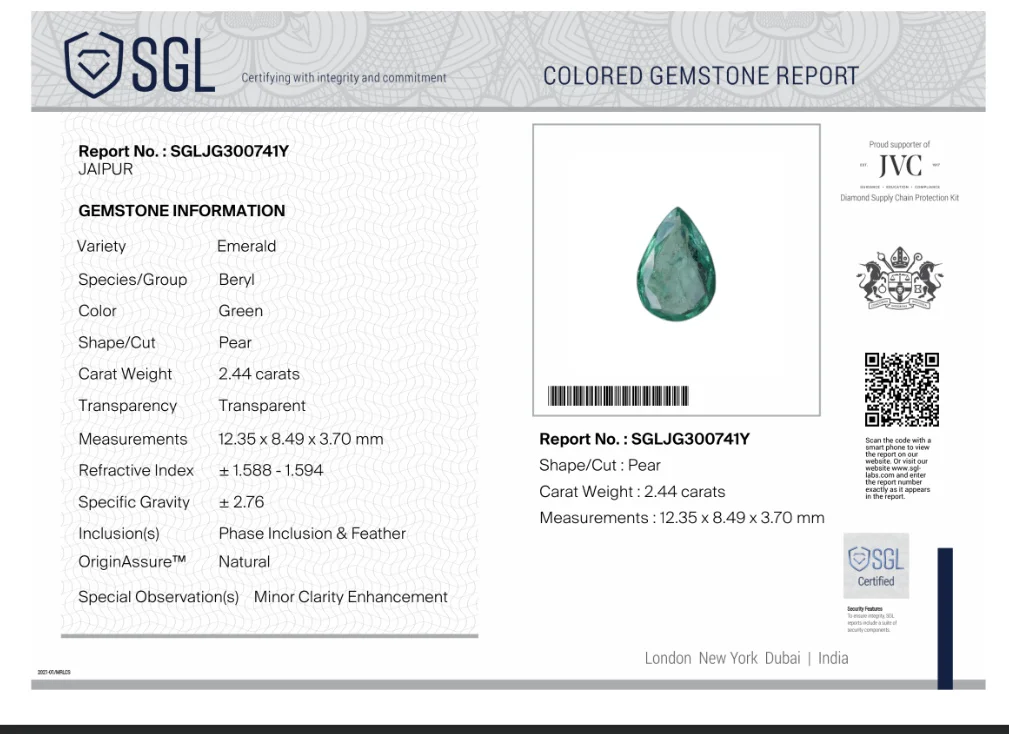 2.44ct Pear cut medium green natural emerald SGL certified stone