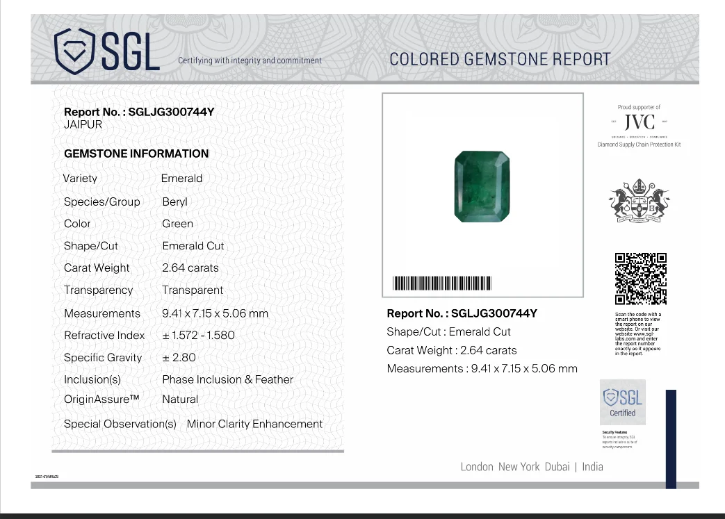 2.64ct Emerald bright medium deep spring green SGL certified