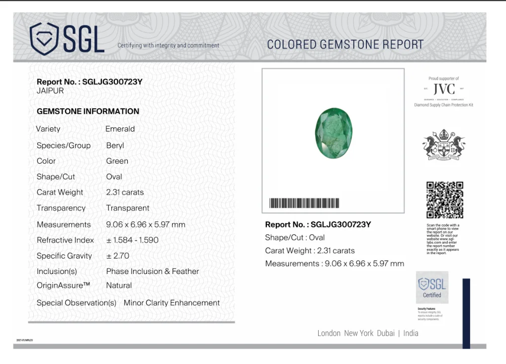 2.31ct Deep glass green emerald Zambia SGL certified stone