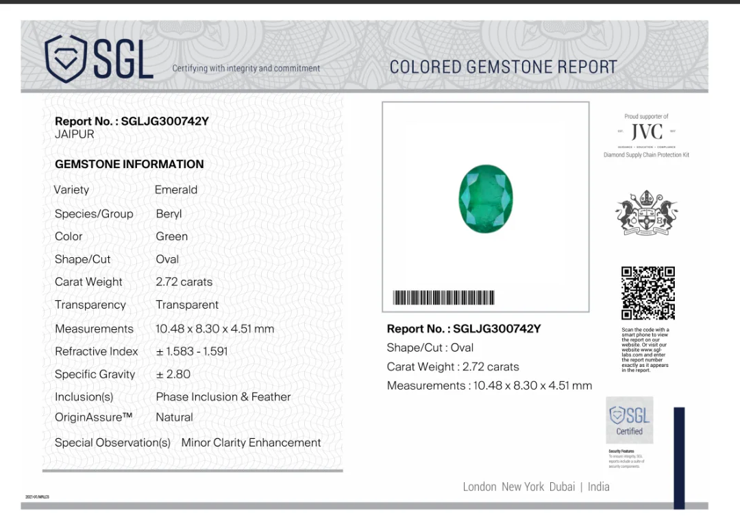 2.72ct Natural emerald medium deep spring green SGL certified stone