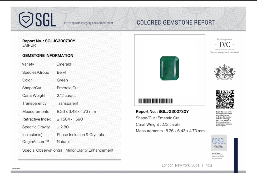 2.12ct Natural Panjshir emerald medium velvet green Octagon SGL certified