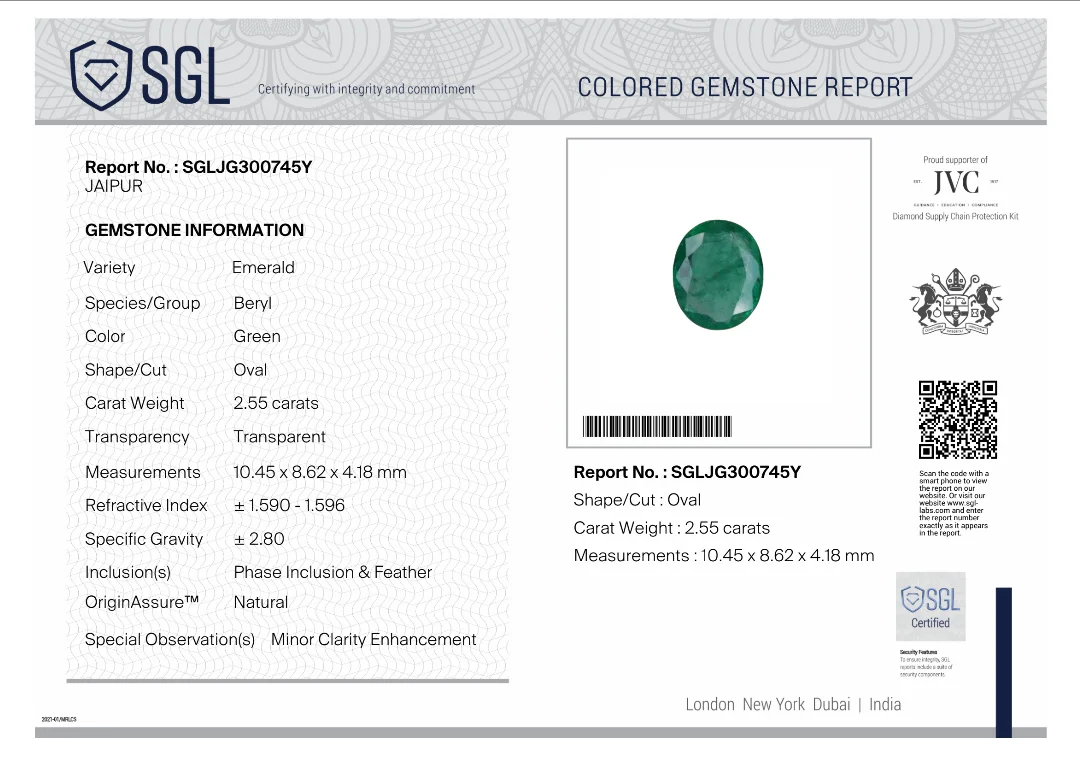 2.55ct Natural emerald alpine green oval SGL certified stone