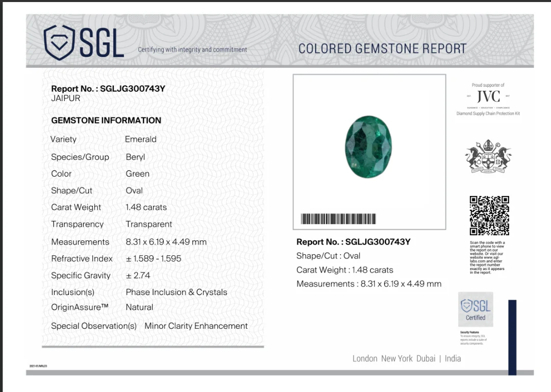 1.48ct Very shiny Zambian emerald medium deep green SGL certified